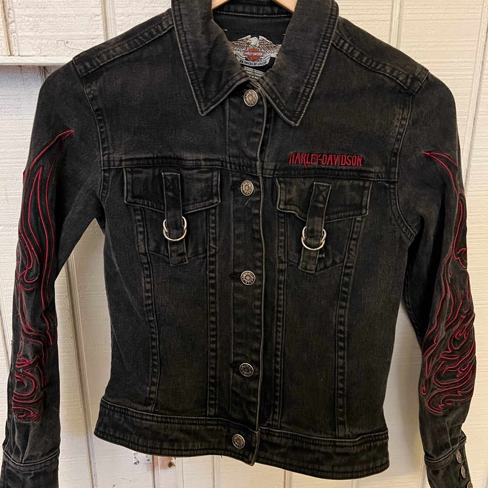 Harley Davidson Womens Tribal Flames Embroidered Black Denim Jean Jacket Size XS